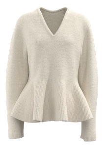 Pull &agrave; col en V et manches gigot de mouton pour femme, taille cintr&eacute;e, ourlet &agrave; volants