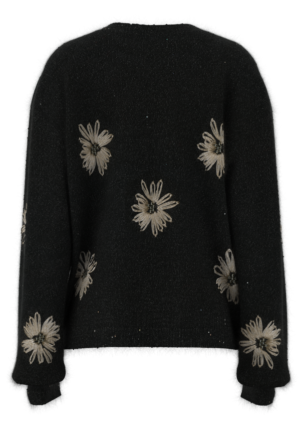  Handgeh&auml;kelter, bestickter Damenpullover mit Rundhalsausschnitt